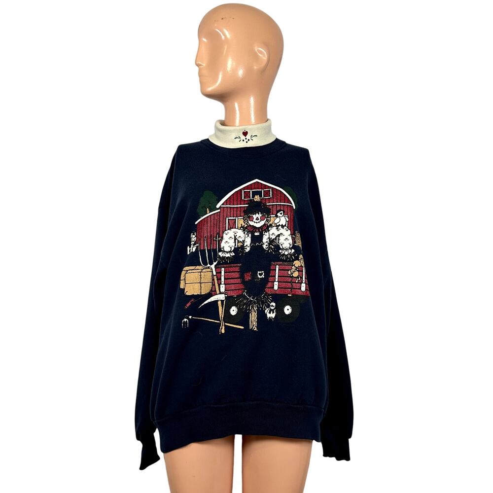 VTG 90s L Navy Farm Scarecrow Sweatshirt Teacher Grandmacore Cottagecore Barn